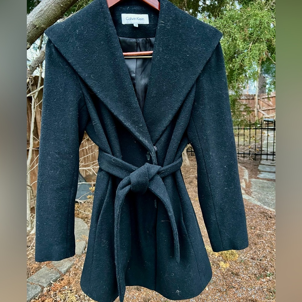 Calvin Klein black soft wool shawl wrap belted peacoat pea coat womens 6p petite